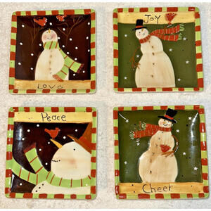 MWW Susan Winget Christmas mini plates Set of 4 Rustic Snowmen Cardinals